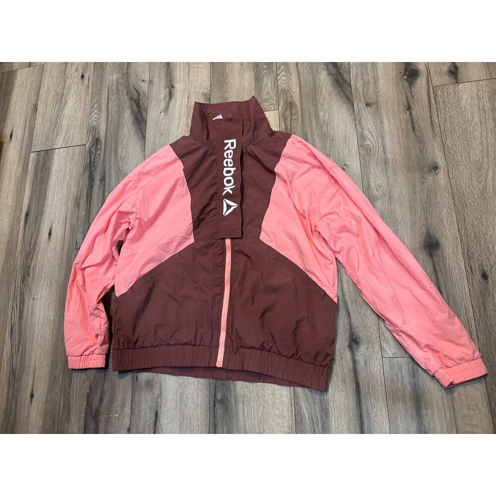 Reebok Womens Colorblock Windbreaker Jacket Pink & Maroon Nylon Polyester Zip-Up